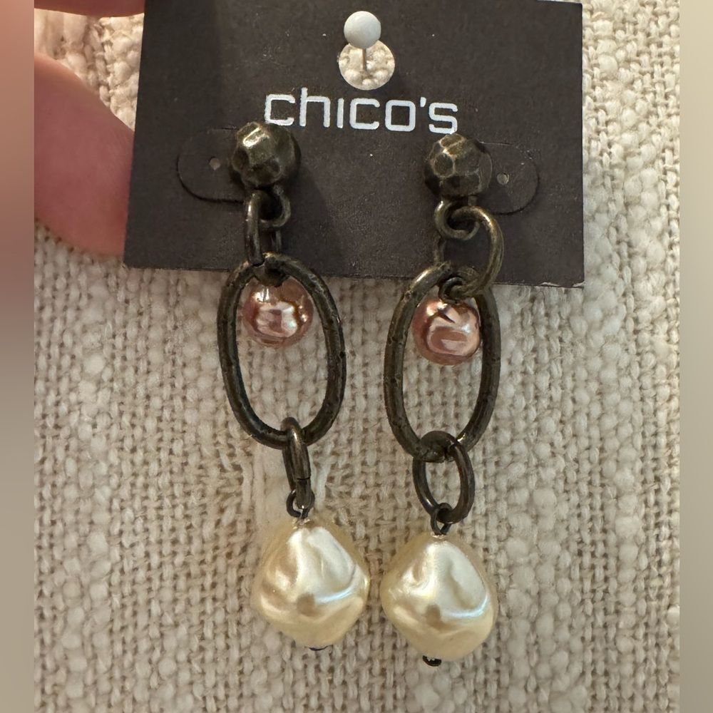 0083-Chico's‎ Elegant Pearl and Bronze Earrings